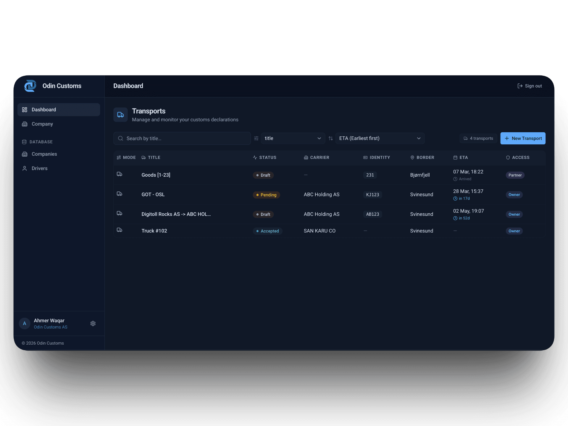 Digitoll platform dashboard showing consignment management